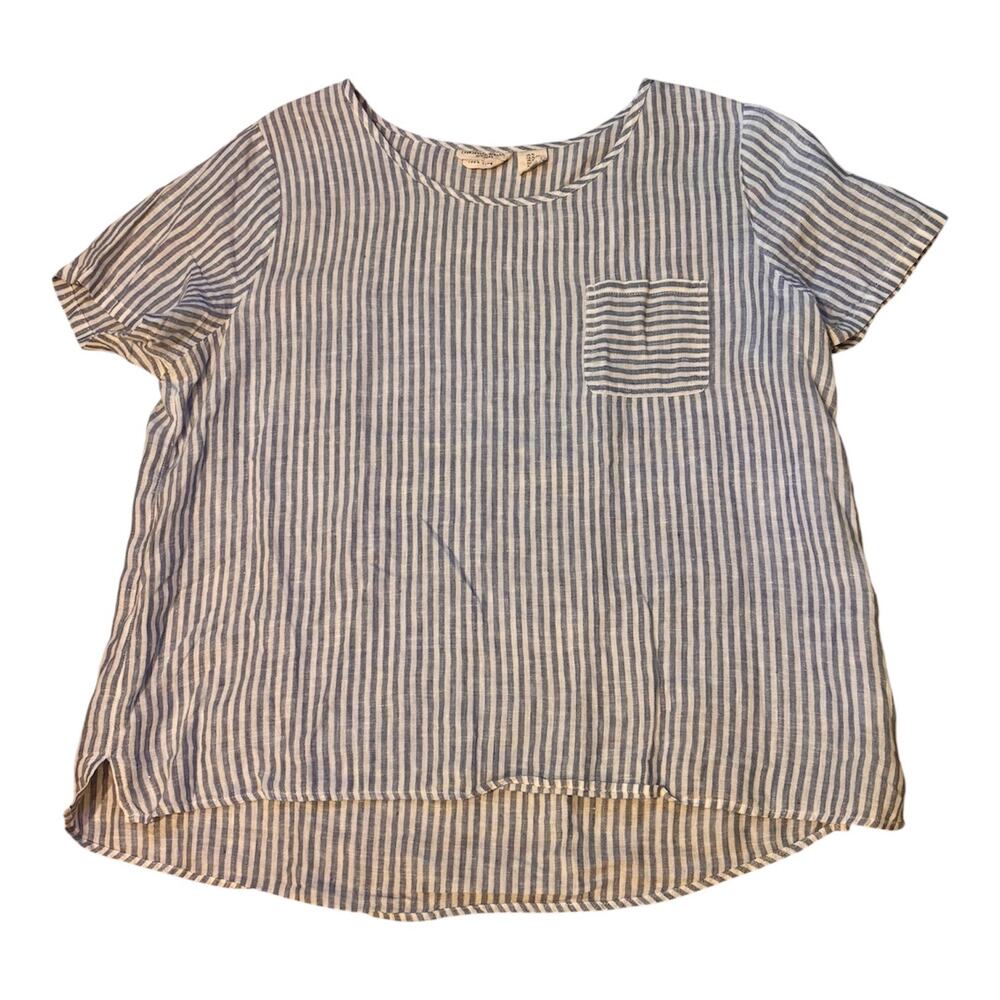 Christian Siriano 100% Linen Blue Short Sleeve Patch Pocket Striped Blouse Sz XL - Picture 2 of 9
